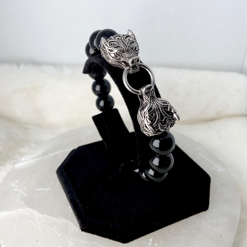 Men or women Rocker viking stainless steel tribal wolfs heads & genuine onyx - Picture 13 of 16